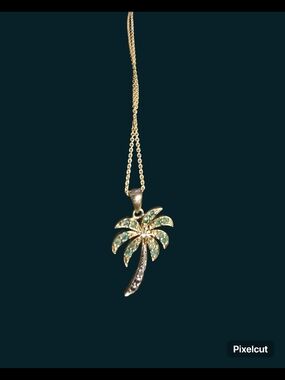 Gold Washed  925 silver Palm Tree Pendant Necklace Green Rhinestones